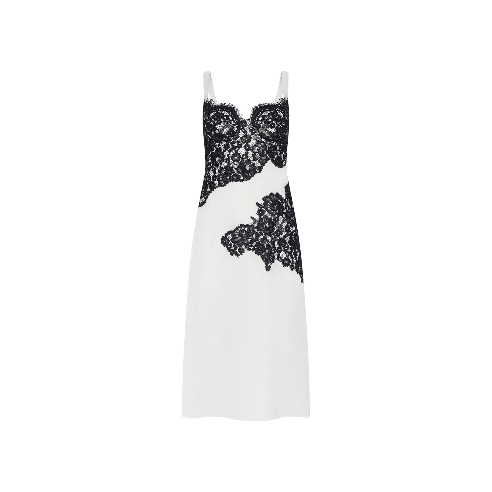 The Fenna Silk Lace Dress is a sleeveless white silk charmeuse midi slip dress with black lace detailing across the bust and midsection, displayed on a plain white background.