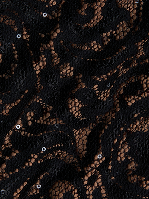 Close-up of the Lindsay Sequined Lace Dress by L'AGENCE, featuring black floral lace with delicate sequins for a subtle sparkle. The light beige background enhances the elegant pattern, perfect for an evening look.