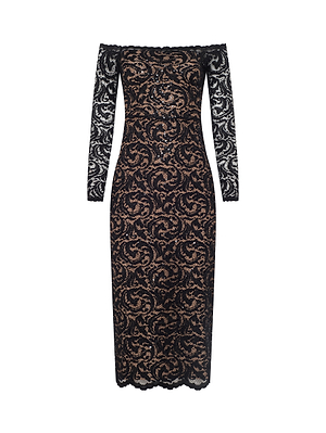 The Lindsay Sequined Lace Dress by L'AGENCE is a knee-length, off-the-shoulder black lace dress with long sleeves, floral motifs over nude lining, and a scalloped hemline and neckline for an elegant evening look.
