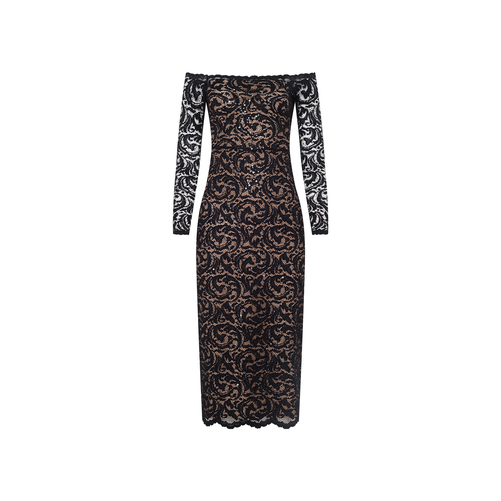 Lindsay Sequined Lace Dress with black lace, off-shoulder neckline, long sleeves, and a nude underlay, featuring an intricate floral pattern on a plain white background.