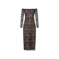 Lindsay Sequined Lace Dress with black lace, off-shoulder neckline, long sleeves, and a nude underlay, featuring an intricate floral pattern on a plain white background.