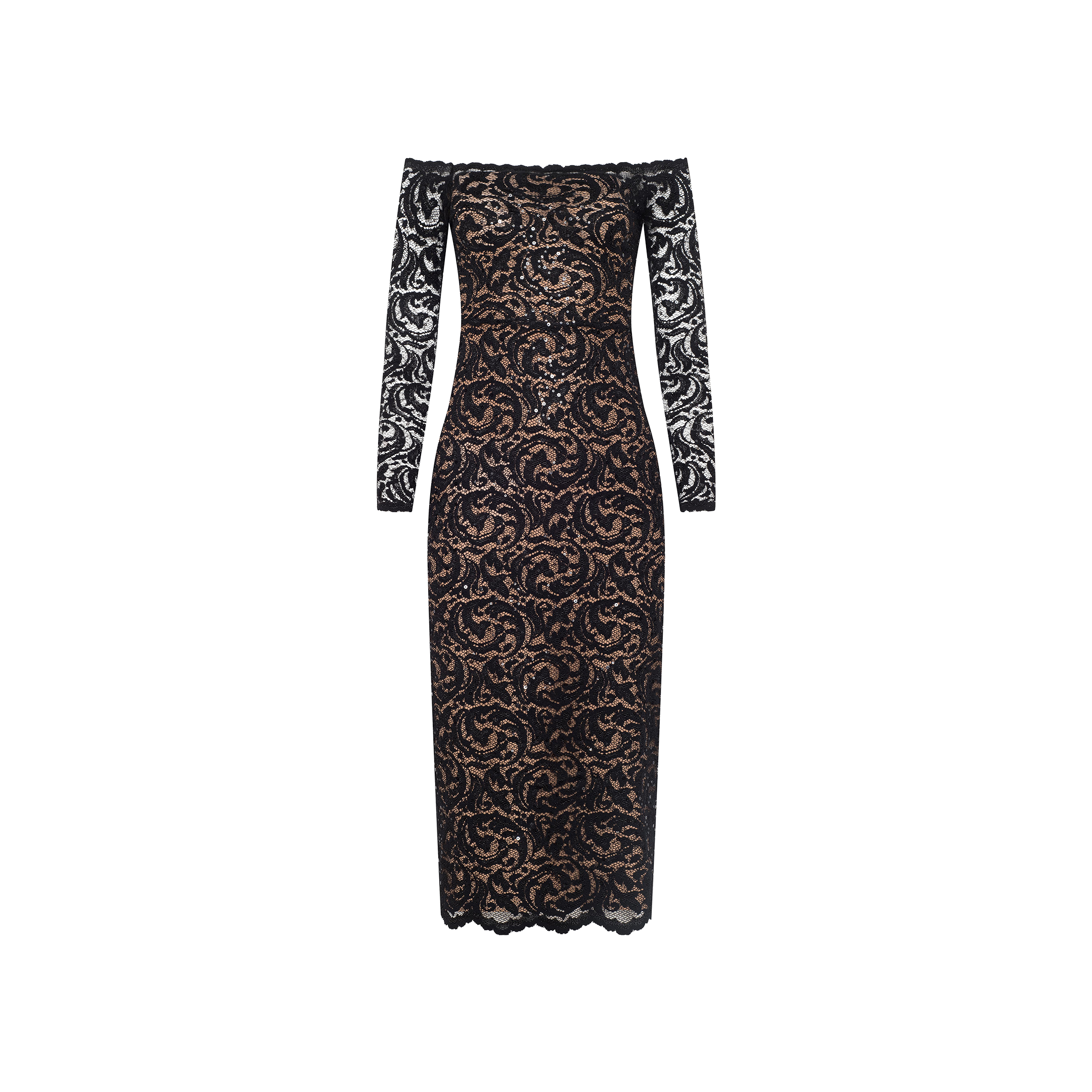Lindsay Sequined Lace Dress with black lace, off-shoulder neckline, long sleeves, and a nude underlay, featuring an intricate floral pattern on a plain white background.
