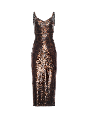 The Noella Sequin Dress by L'AGENCE is a sleeveless, fitted bronze midi dress featuring thin straps and a subtle V-neckline, shown against a white background.