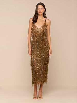 L'AGENCE Noella Sequin Fringe Dress In Antique Gold L'AGENCE Noella Sequin Fringe Dress In Antique Gold