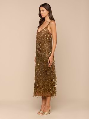 L'AGENCE Noella Sequin Fringe Dress In Antique Gold L'AGENCE Noella Sequin Fringe Dress In Antique Gold