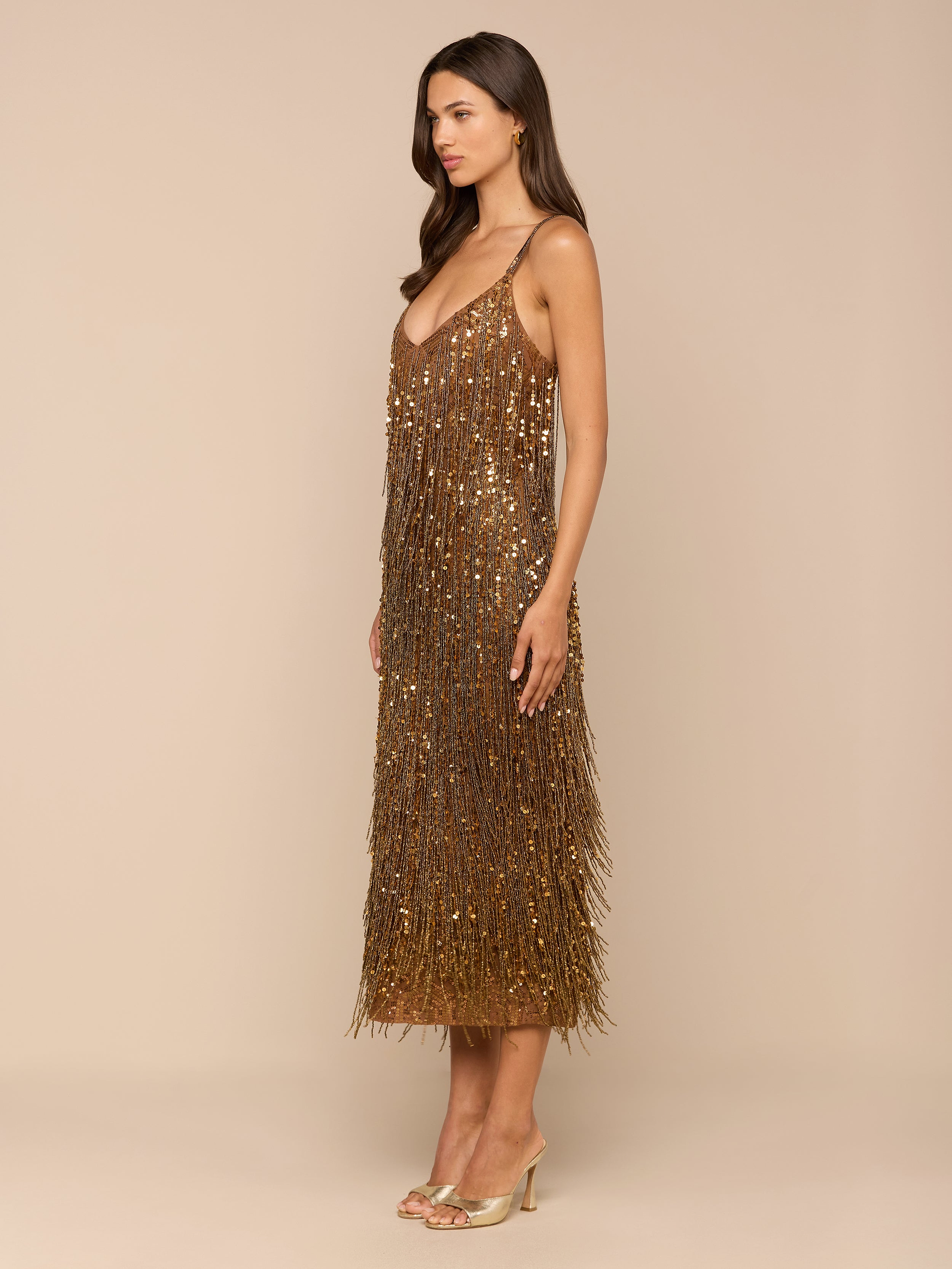 brown gold sequin dress L'AGENCE Noella Fringe In Antique Wedding wear beige dress, Mat_Piel Original %0D%0A*%20Pay%20special%20attention%20on%20measurements%20to%20ensure%20proper%20fit 尺寸:US 10