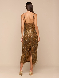 A woman stands with her back to the camera against a plain, light background, wearing the Noella Sequin Fringe Dress—a gold, midi-length dress adorned with shimmering sequins and fringe embellishments—paired with strappy heels.