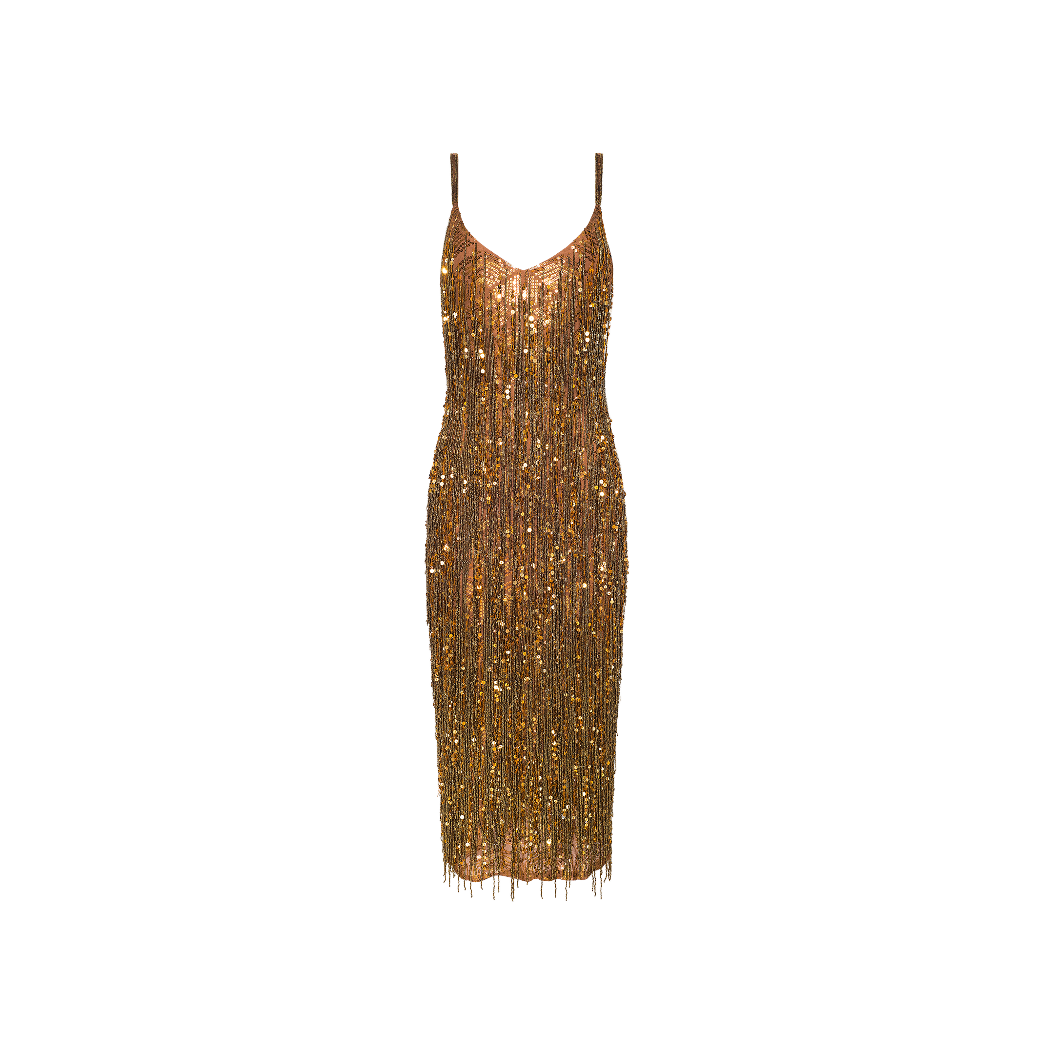 Noella Sequin Fringe Dress with thin straps and a V-neckline, featuring a fitted silhouette and fringe embellishments at the hem. This midi-length style sparkles with gold sequins, creating a glamorous, eye-catching look.