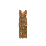 Noella Sequin Fringe Dress with thin straps and a V-neckline, featuring a fitted silhouette and fringe embellishments at the hem. This midi-length style sparkles with gold sequins, creating a glamorous, eye-catching look.