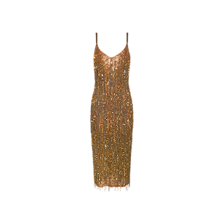 The Noella Sequin Fringe Dress features a gold sequin midi design with thin straps, a fitted silhouette, and striking fringe embellishments cascading from the hem and throughout the dress, displayed on a white background.