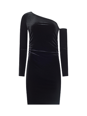 The Lynne Velvet Mini Dress by L'AGENCE is a black, one-shoulder evening dress with long sleeves and a fitted silhouette, crafted from luxurious velvet and shown against a white background.