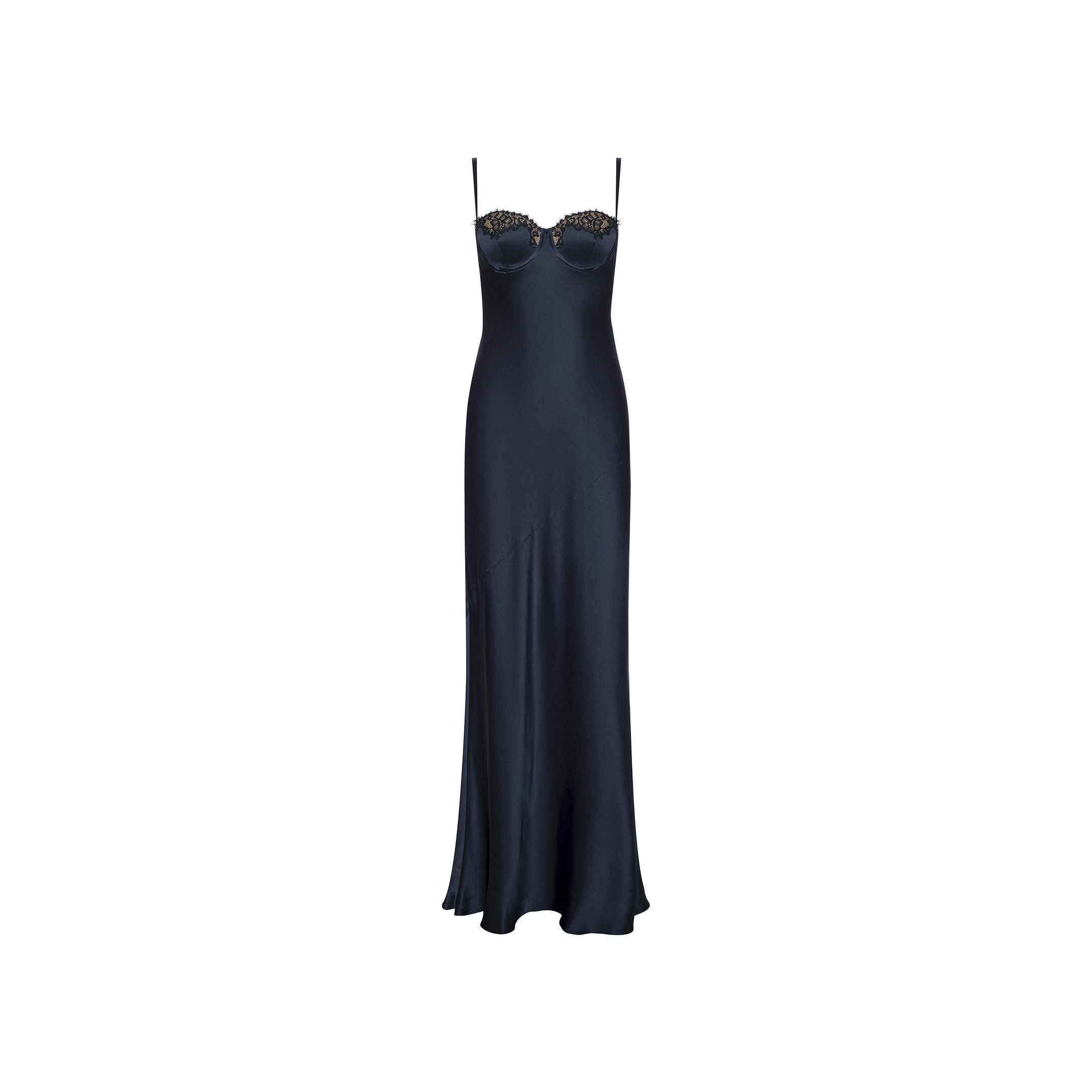 The Shayla Silk Lace Gown is a long, navy blue dress featuring thin spaghetti straps and delicate lace trim along the bust, shown against a plain white background.