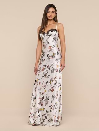 white silk dress dyed with tiger butterflies and waves detail L'AGENCE Sayla Silk Gown In Ecru Multi Lock Butterfly