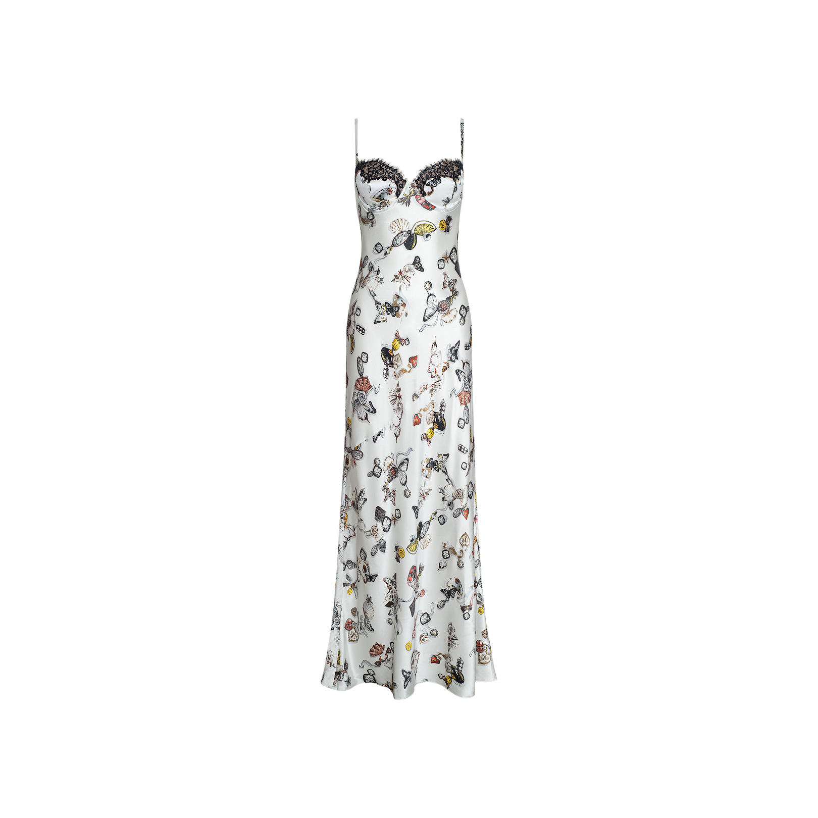 Sayla Silk Gown: A white satin slip dress featuring a black lace-trimmed sweetheart neckline, slender straps, and a long silhouette. This event-ready gown is adorned with a colorful, playful pattern of illustrated figures and objects.
