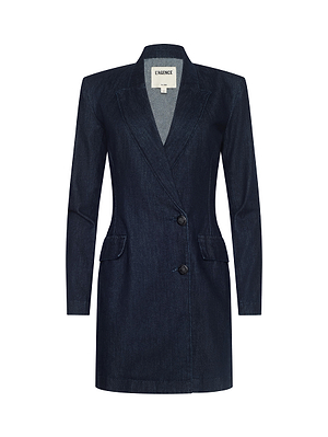 The Kylan Blazer Dress by L'AGENCE is an indigo denim mini dress with long sleeves, peaked lapels, two buttons, and flap pockets, styled like a modern power suit against a plain white background.