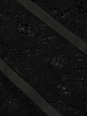 Close-up of sheer floral lace in black fabric with two parallel diagonal grosgrain ribbon bands, showcasing the Jennifer Lace Midi Dress's elegant and intricate detailing.