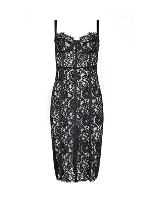 The Jennifer Lace Midi Dress is a fitted black midi with spaghetti straps, a sweetheart neckline, underwire cups, and sheer floral lace panels with intricate details. Knee-length and shown on a white background.