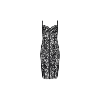 The Jennifer Lace Midi Dress in black features thin shoulder straps, a fitted silhouette, and a sheer floral lace overlay with delicate underwire cups for added support. This knee-length dress combines elegance and modern sophistication with its intricate details.