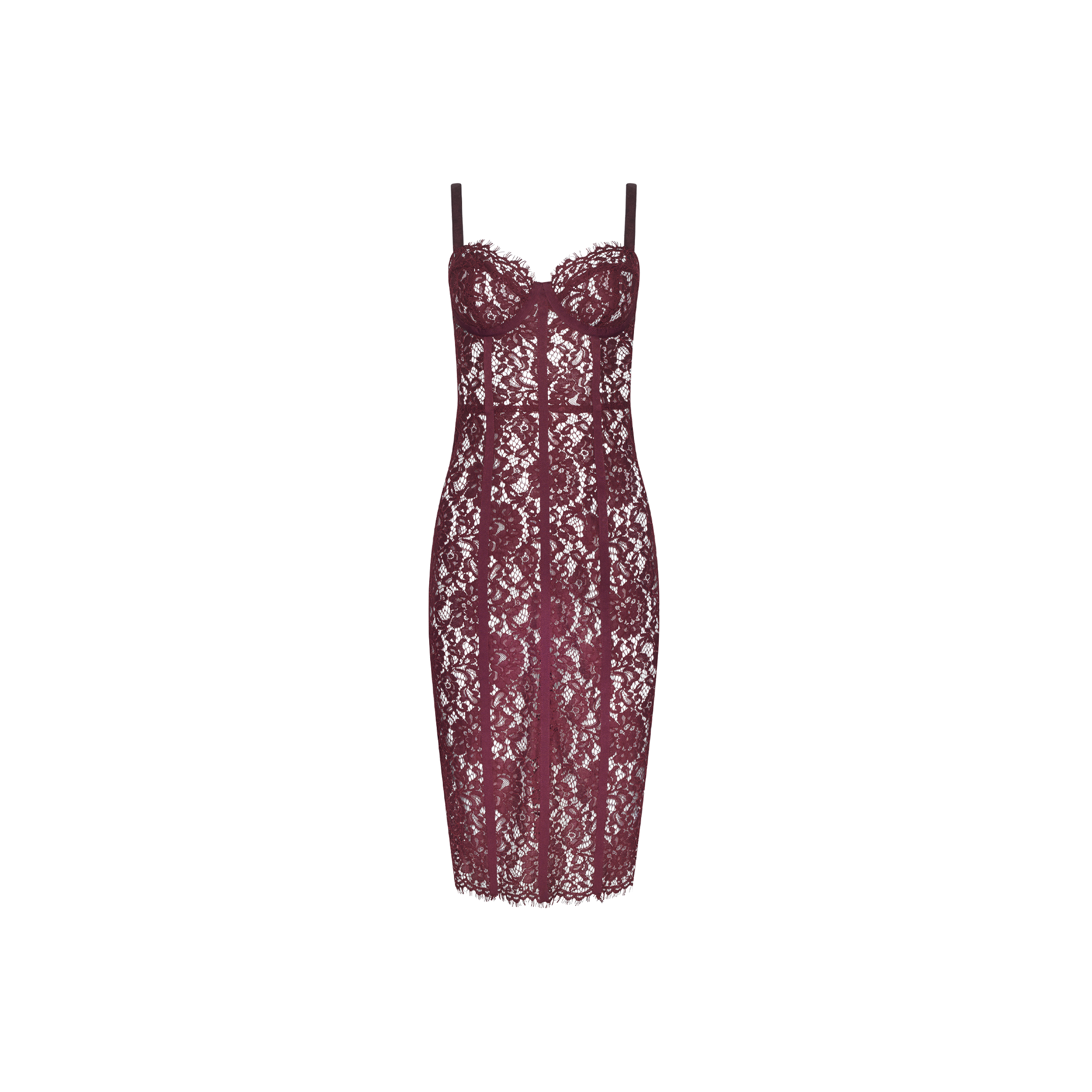 Jennifer Lace Midi Dress in deep maroon, featuring a midi-length sheer floral lace design with a corset-style bodice, underwire cups, and spaghetti straps.