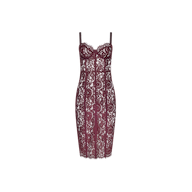 Jennifer Lace Midi Dress in deep maroon, featuring a midi-length sheer floral lace design with a corset-style bodice, underwire cups, and spaghetti straps.