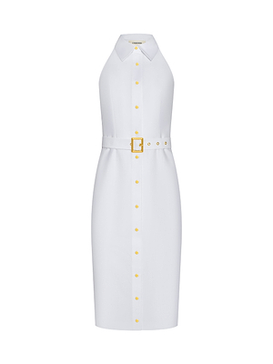 The Lisette Midi Dress is a sleeveless white racerback dress with a halter-neck shirt collar, gold front buttons, and a matching white belt with a gold buckle. Crafted from soft organic cotton, it features a knee-length pencil silhouette.