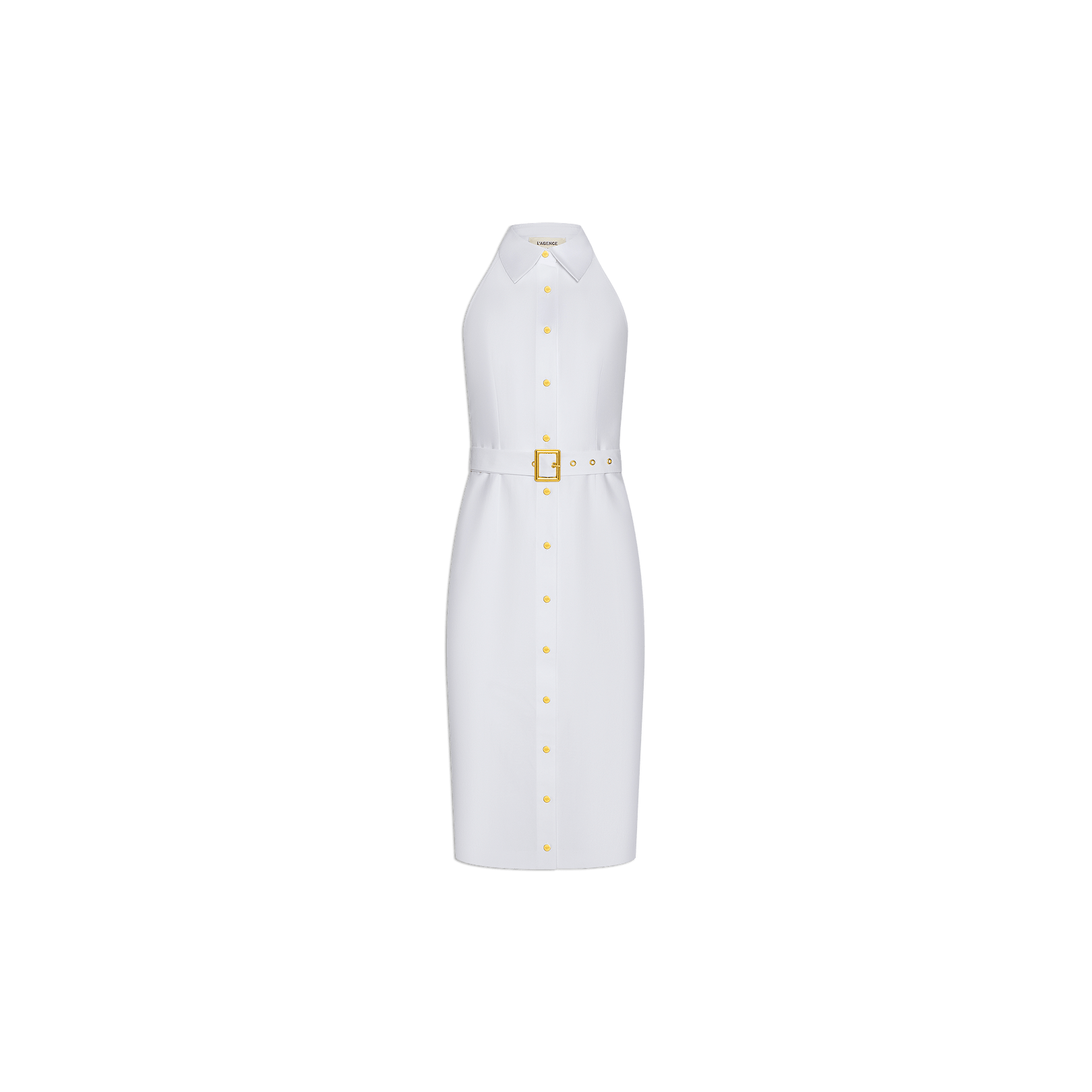 Lisette Midi Dress: This white, sleeveless, knee-length midi dress features a halter neckline and a front button closure. Designed with a matching belt finished with a gold buckle, it’s crafted from an organic cotton blend for a minimalist look. Gold-accented buttons and buckle add subtle elegance. The product is shown against a plain white background.