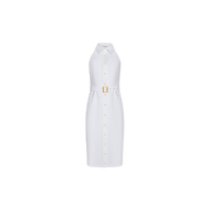 Lisette Midi Dress: This white, sleeveless, knee-length midi dress features a halter neckline and a front button closure. Designed with a matching belt finished with a gold buckle, it’s crafted from an organic cotton blend for a minimalist look. Gold-accented buttons and buckle add subtle elegance. The product is shown against a plain white background.