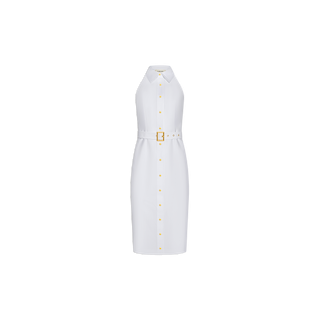Lisette Midi Dress: This white, sleeveless, knee-length midi dress features a halter neckline and a front button closure. Designed with a matching belt finished with a gold buckle, it’s crafted from an organic cotton blend for a minimalist look. Gold-accented buttons and buckle add subtle elegance. The product is shown against a plain white background.