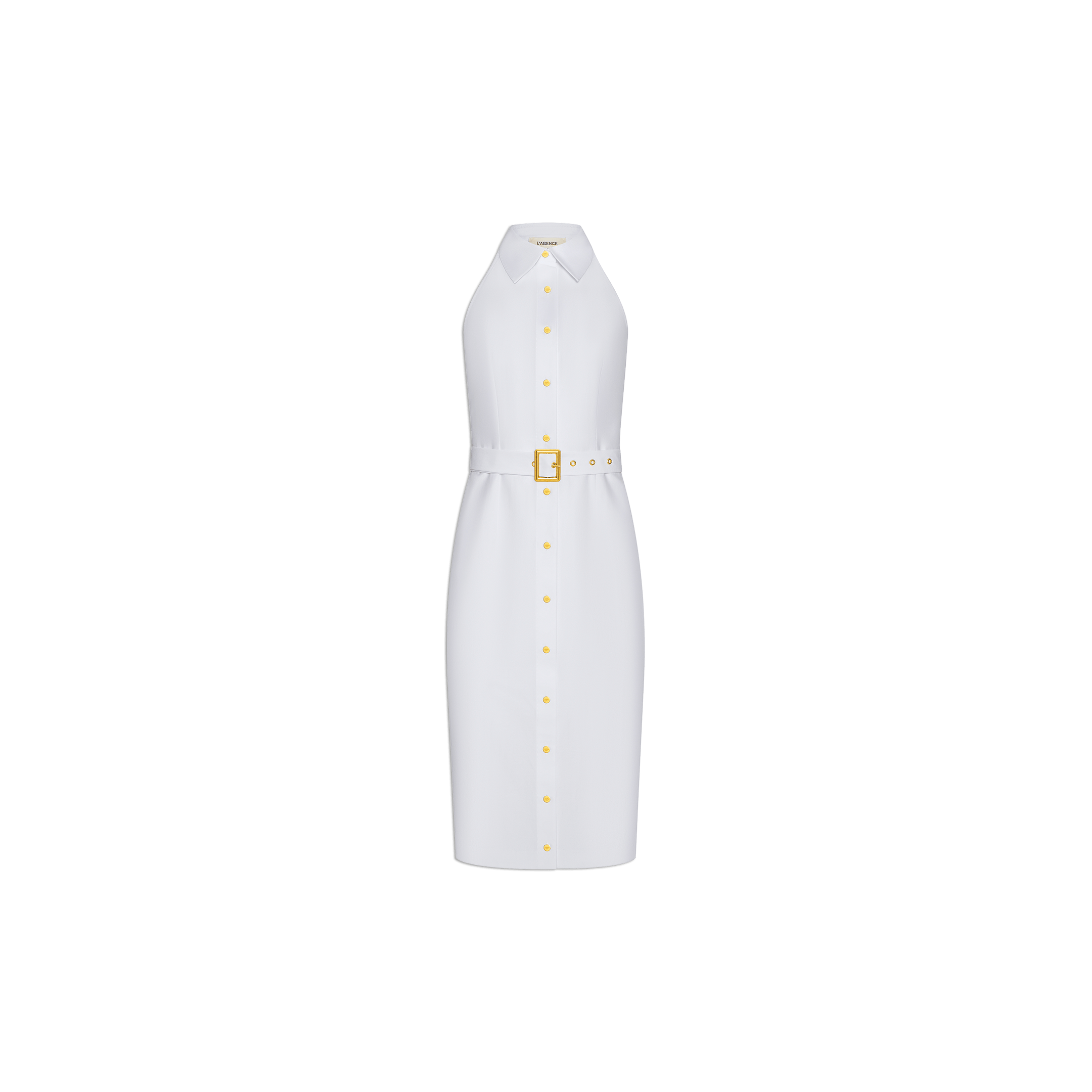 Lisette Midi Dress: This white, sleeveless, knee-length midi dress features a halter neckline and a front button closure. Designed with a matching belt finished with a gold buckle, it’s crafted from an organic cotton blend for a minimalist look. Gold-accented buttons and buckle add subtle elegance. The product is shown against a plain white background.