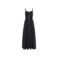 The Rima Maxi Dress is a sleeveless black maxi dress crafted from stretch poplin, featuring a belted waist and front zipper. Displayed on a plain white background, it showcases a fitted bodice and flowing skirt.