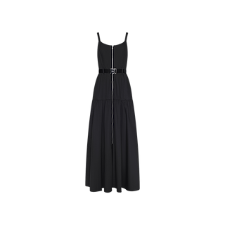 The Rima Maxi Dress is a sleeveless black maxi dress made from stretch poplin, featuring a front zipper, belted waist, and a long, flared skirt. Displayed on a plain white background.