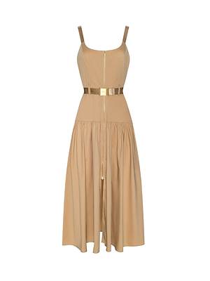 The Rima Maxi Dress features a sleeveless tan design with a fitted bodice, front zipper, wide straps, gold metallic waist belt, gathered flared skirt, and stretch poplin fabric for comfort. Shown on a white background.