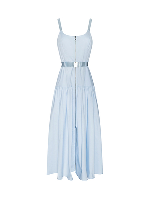 The Rima Maxi Dress features a light blue, sleeveless design with a square neckline, fitted bodice, wide waist belt, front zipper, stretch poplin fabric, and a flowing pleated skirt. Shown on a white background.