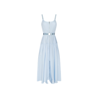 The Rima Maxi Dress is a pale blue sleeveless dress featuring spaghetti straps, a front zipper, cutout waist detail with a silver buckle belt, and a flared gathered skirt crafted from stretch poplin fabric. It is shown against a plain white background.