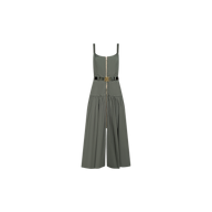 Rima Dress in olive green stretch poplin, featuring a midi length, square neckline, front zipper, and a black buckled waist belt.