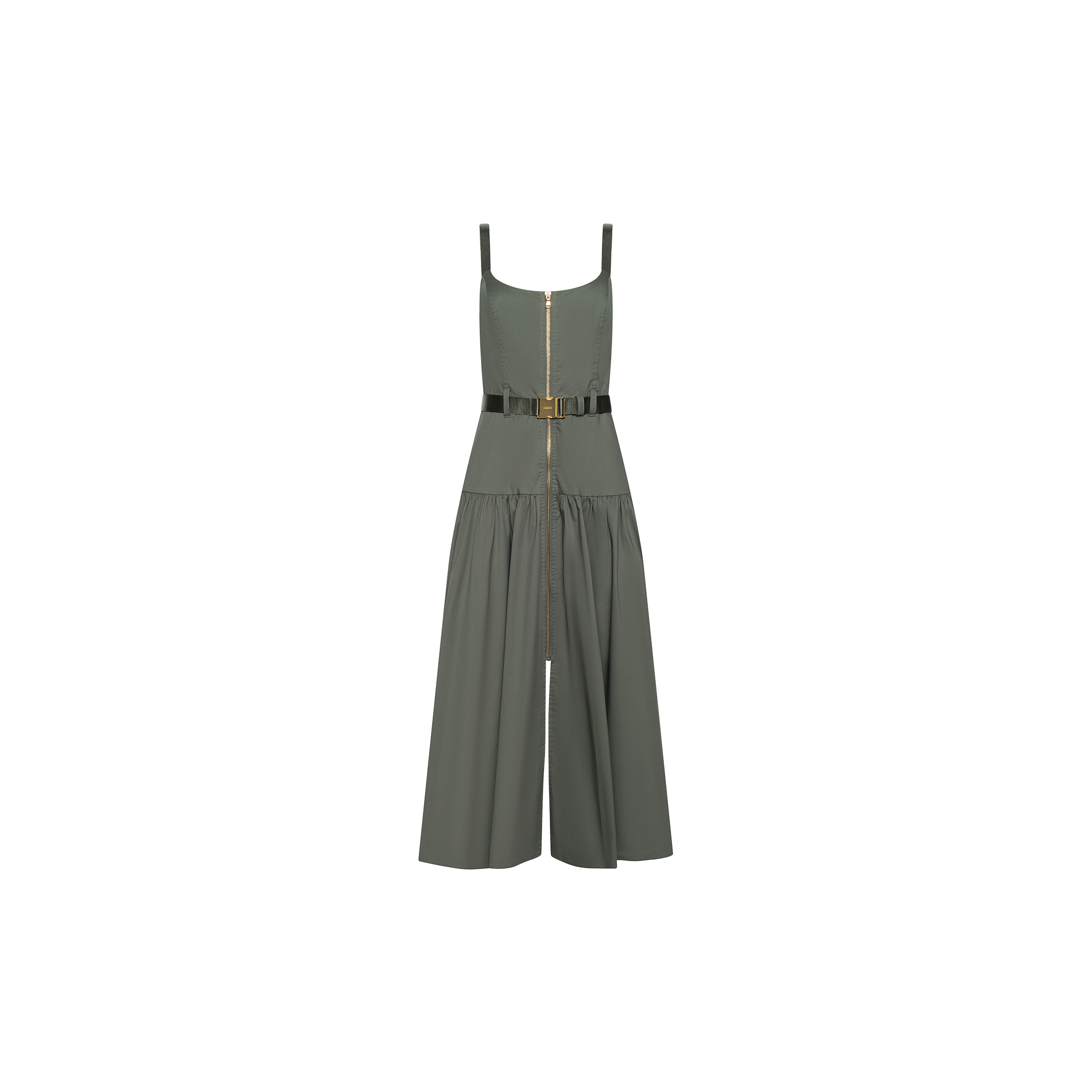 Rima Dress in olive green stretch poplin, featuring a midi length, square neckline, front zipper, and a black buckled waist belt.