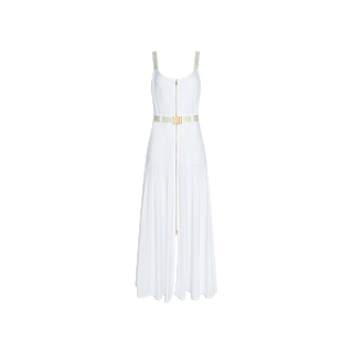 The Rima Dress is a sleeveless white maxi featuring a gold front zipper, matching adjustable belt buckle, fitted bodice, and flowing skirt, shown against a plain white background.