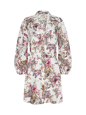 The Kiersten Dress is a long-sleeved, button-down linen blend dress with a belted waist, featuring a white background and vibrant floral and butterfly prints in pink, beige, and brown.