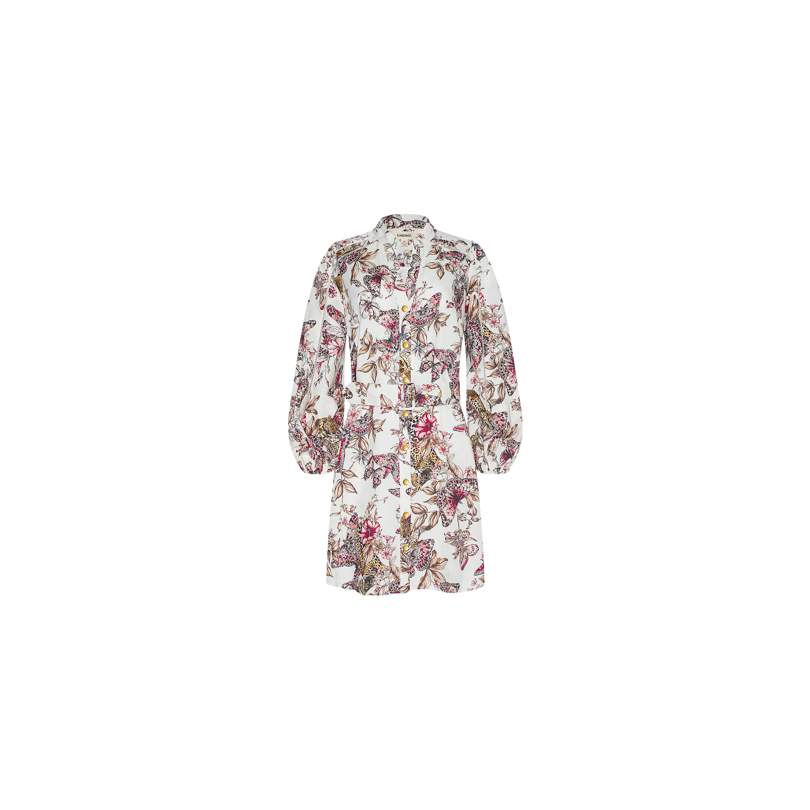 The Kiersten Dress is a white linen-blend shirt dress with long puffed sleeves, adorned with a lively floral and butterfly print. It features front button closure and handy pockets, shown against a plain white background.
