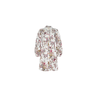 The Kiersten Dress is a white, long-sleeve linen dress featuring a vibrant floral and butterfly print, a button-down front, and a collared neckline, displayed on a plain white background.