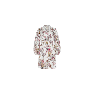 The Kiersten Dress is a white linen-blend shirt dress with long puffed sleeves, adorned with a lively floral and butterfly print. It features front button closure and handy pockets, shown against a plain white background.