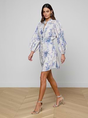 L'AGENCE Kiersten Dress In Ivory/Blue Watercolor Lace Paisley L'AGENCE Kiersten Dress In Ivory/Blue Watercolor Lace Paisley