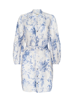 The Kiersten Dress is a white mini linen dress with a bold blue floral print, long blouson sleeves, button-down front, collared neckline, and a matching fabric belt for an effortlessly stylish look.