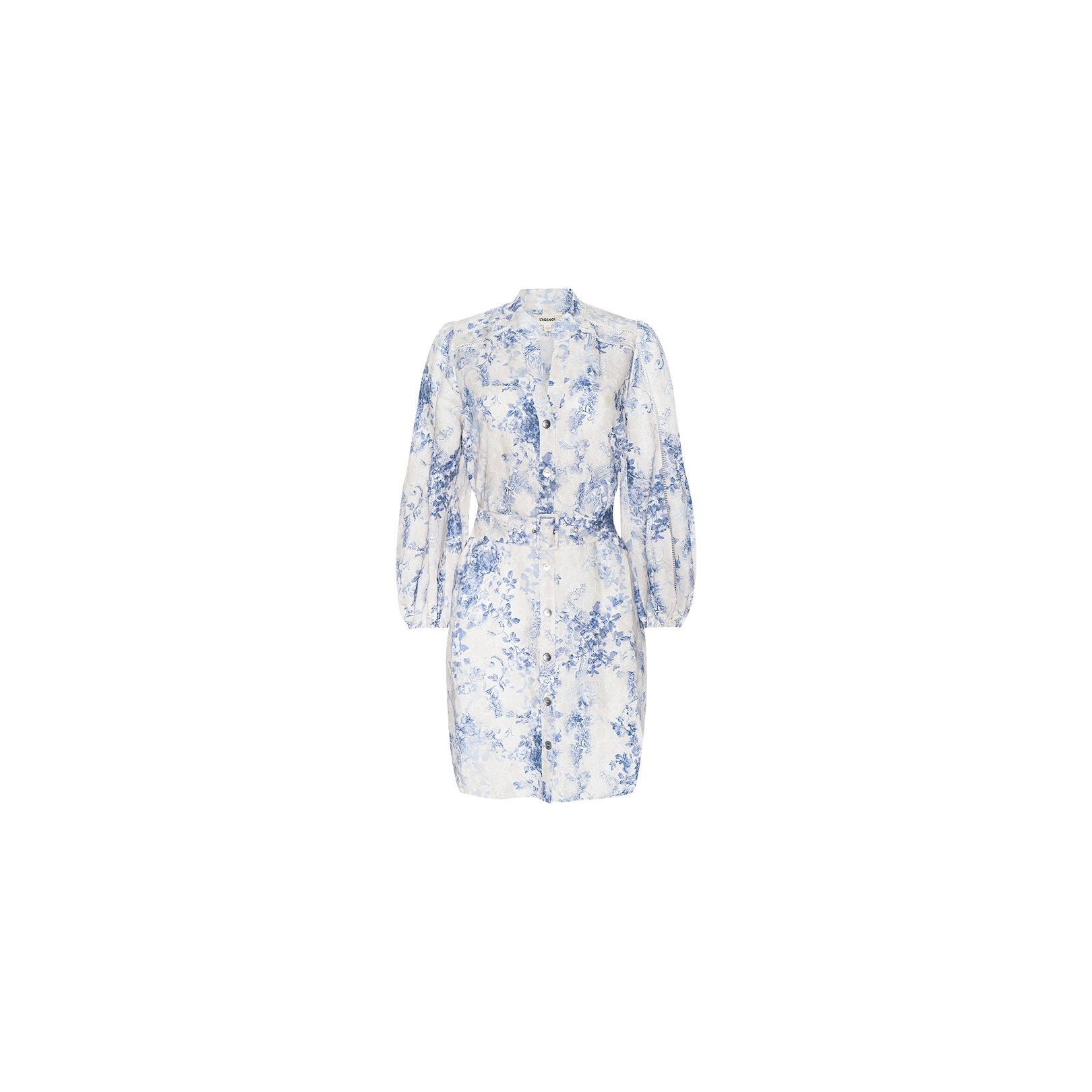 The Kiersten Dress is a white mini dress in a linen blend featuring long blouson sleeves, a standout blue floral toile print, button-up front, and belted waist, displayed against a plain white background.