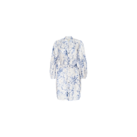The Kiersten Dress is a white mini dress in a linen blend featuring long blouson sleeves, a standout blue floral toile print, button-up front, and belted waist, displayed against a plain white background.