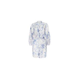 The Kiersten Dress is a white mini dress in a linen blend featuring long blouson sleeves, a standout blue floral toile print, button-up front, and belted waist, displayed against a plain white background.