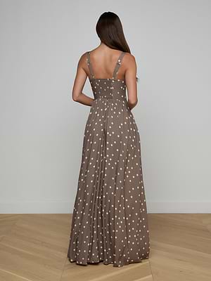 L'AGENCE Rosette Maxi Dress In Cardamom/Ecru Polka Dot L'AGENCE Rosette Maxi Dress In Cardamom/Ecru Polka Dot
