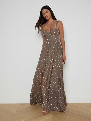 Rosette Maxi Dress in Cardamom/Ecru Polka Dot | L'AGENCE Rosette Maxi Dress in Cardamom/Ecru Polka Dot | L'AGENCE