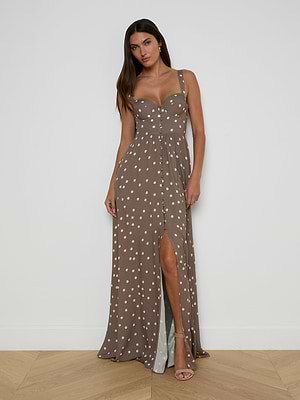 L'AGENCE Rosette Maxi Dress In Cardamom/Ecru Polka Dot L'AGENCE Rosette Maxi Dress In Cardamom/Ecru Polka Dot