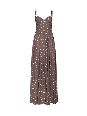 Rosette Maxi Dress: Brown sleeveless summer maxi with white polka dots, fitted sweetheart bodice, wide shoulder straps, and a pleated flowing skirt.
